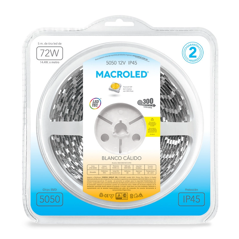 Tira LED 5050 blanco cálido IP45 12VDC 14,4W 60 LED x 5 metros