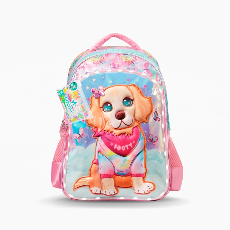 Mochila Escolar Footy 2026 Doggie Love Rosa Rosa con Led y Carro 18" Art.F26423