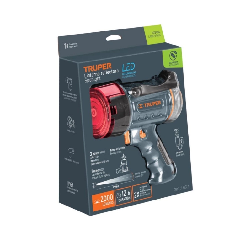 Linterna Reflectora LED TRUPER Recargable 2000Lm