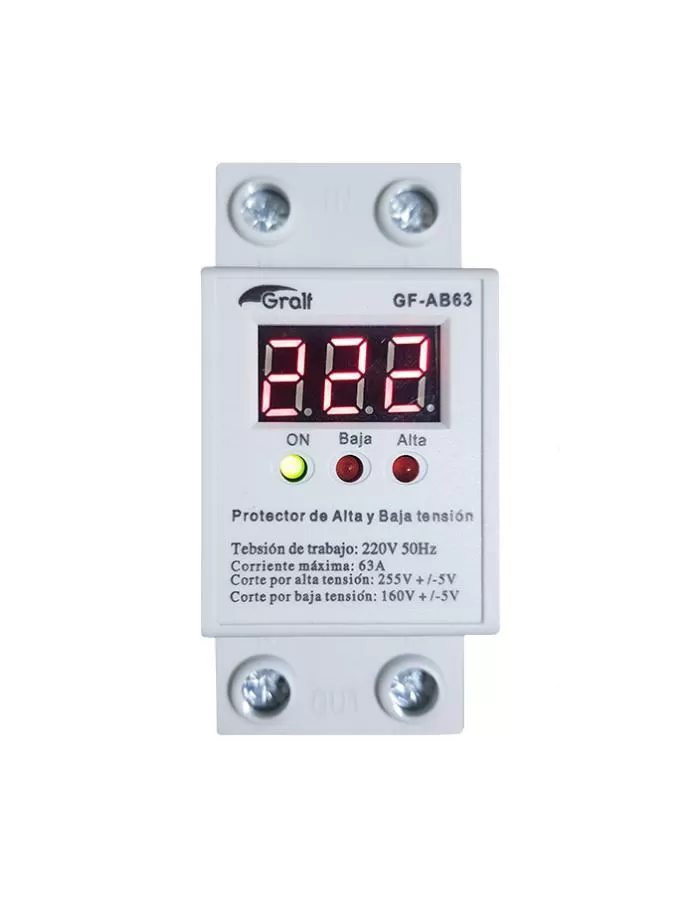 Protector de Tensión monofásico riel DIN con Voltímetro Gralf GF-AB63