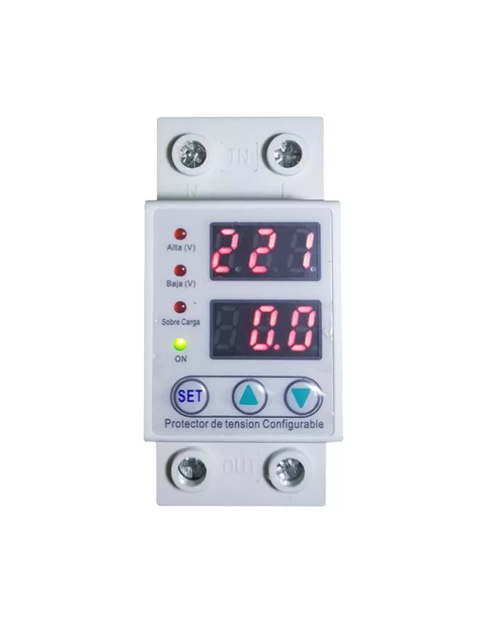 Protector de Tensión monofásico configurable riel DIN c/Voltímetro-Amperímetro Gralf GF-AB63C