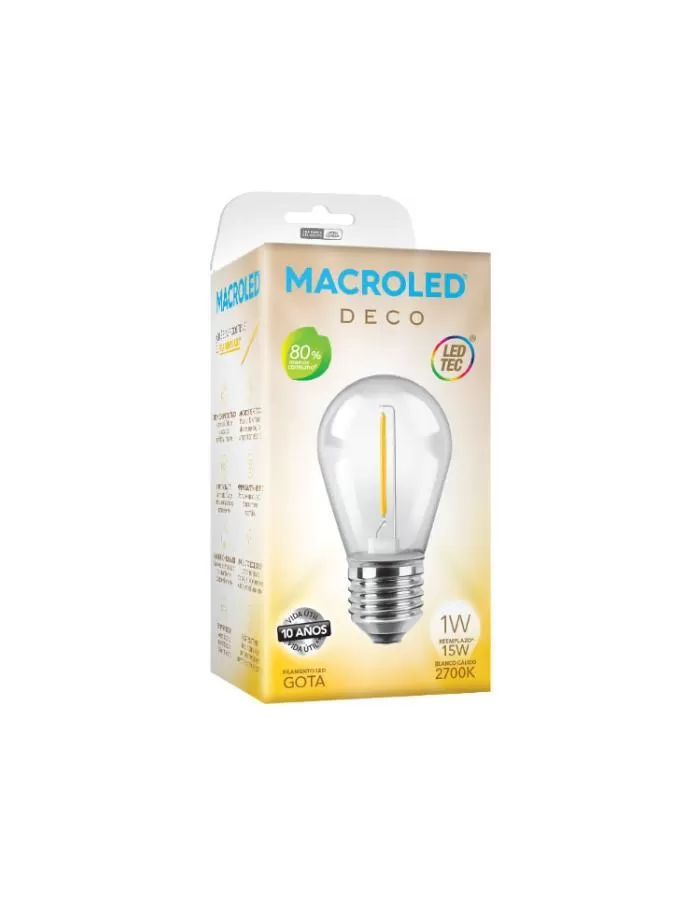 Bulbo filamento LED G45 gota 1W E27 Macroled cálida
